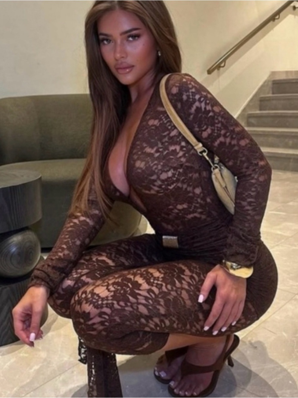 MURCI Brown Lace Long Sleeve Jumpsuit